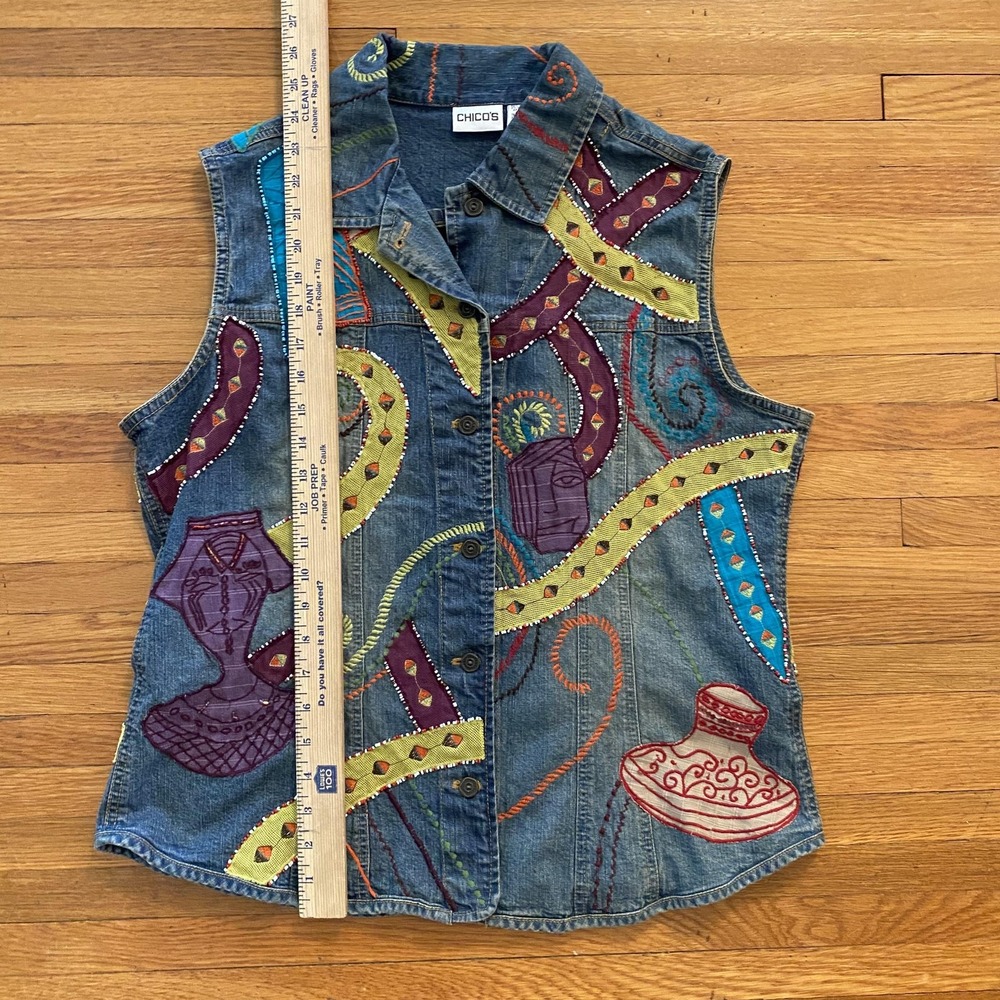 Chicos Jean Vest Womens 2 Embroidered Applique Boho Art Jacket Casual Layering - Picture 8 of 14